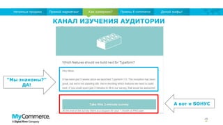 28
Как измеряем?Прямой маркетингНепрямые продажи Приемы E-commerce Долой мифы!
А вот и БОНУС
“Мы знакомы?”
ДА!
КАНАЛ ИЗУЧЕНИЯ АУДИТОРИИ
 