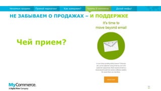 Приемы E-commerce
31
Прямой маркетинг Как измеряем?Непрямые продажи Долой мифы!
НЕ ЗАБЫВАЕМ О ПРОДАЖАХ – И ПОДДЕРЖКЕ
Чей прием?
 