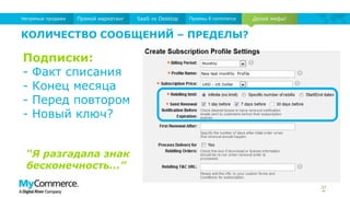37
Долой мифы!Прямой маркетинг SaaS vs Desktop Приемы E-commerceНепрямые продажи
КОЛИЧЕСТВО СООБЩЕНИЙ – ПРЕДЕЛЫ?
“Я разгадала знак
бесконечность...”
Подписки:
- Факт списания
- Конец месяца
- Перед повтором
- Новый ключ?
 