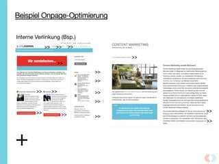 Beispiel Onpage-Optimierung
Interne Verlinkung (Bsp.)
>>	
  
>>	
  
>>	
  
>>	
  
>>	
  
>>	
  
>>	
   >>	
  
>>	
   >>	
  
>>	
   >>	
   >>	
  
>>	
  
>>	
  
>>	
  
+
 