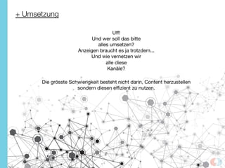 + Umsetzung
Uﬀ! 
Und wer soll das bitte 
alles umsetzen?
Anzeigen braucht es ja trotzdem...
Und wie vernetzen wir 
alle diese 
Kanäle?
Die grösste Schwierigkeit besteht nicht darin, Content herzustellen 
sondern diesen eﬃzient zu nutzen.
 