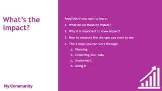 What’s the
impact?
Read this if you want to learn:
1. What do we mean by impact?
2. Why it is important to show impact?
3. How to measure the changes you want to see
4. The 4 steps you can work through:
a. Planning
b. Collecting your data
c. Analysing it
d. Using it
 