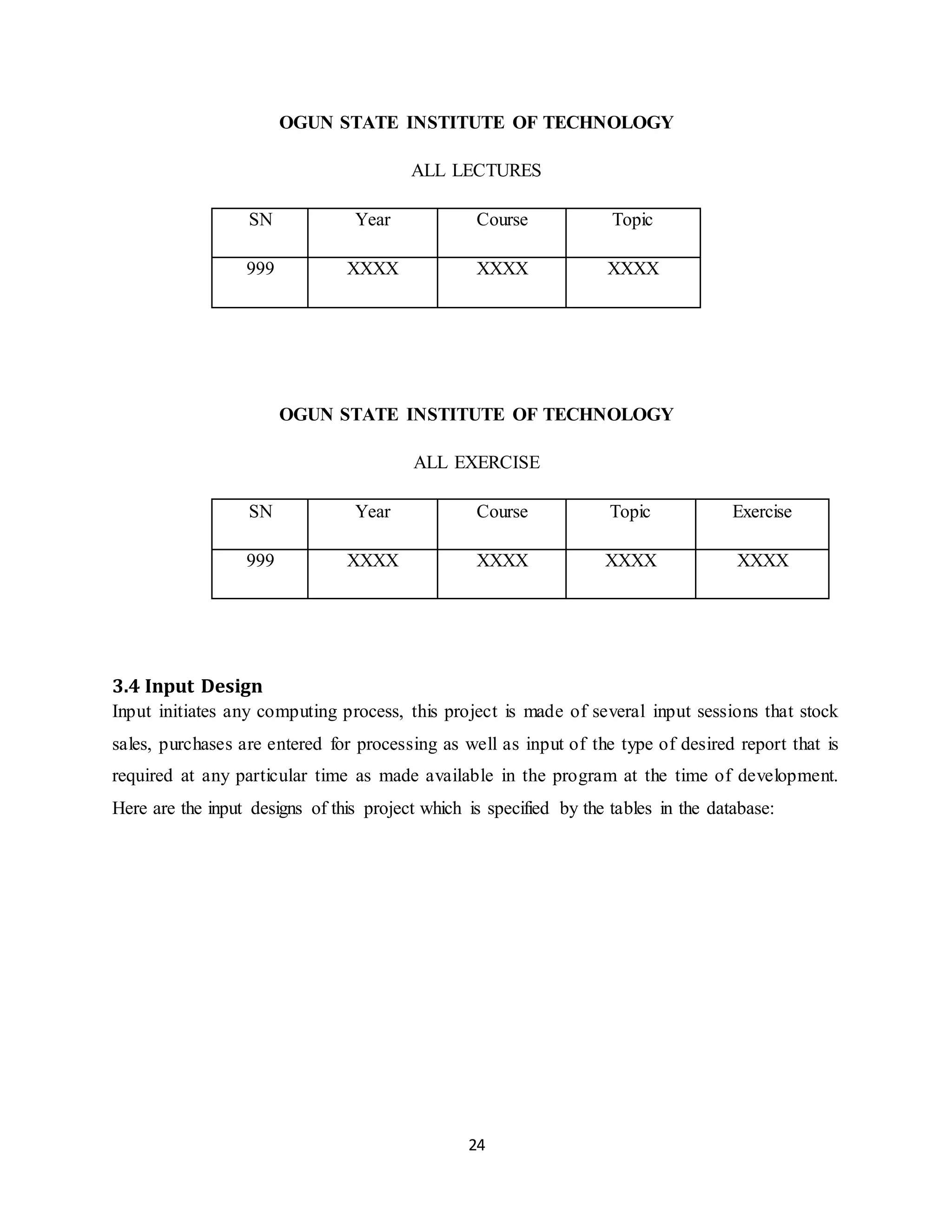 24
OGUN STATE INSTITUTE OF TECHNOLOGY
ALL LECTURES
SN Year Course Topic
999 XXXX XXXX XXXX
OGUN STATE INSTITUTE OF TECHNOLOGY
ALL EXERCISE
SN Year Course Topic Exercise
999 XXXX XXXX XXXX XXXX
3.4 Input Design
Input initiates any computing process, this project is made of several input sessions that stock
sales, purchases are entered for processing as well as input of the type of desired report that is
required at any particular time as made available in the program at the time of development.
Here are the input designs of this project which is specified by the tables in the database:
 