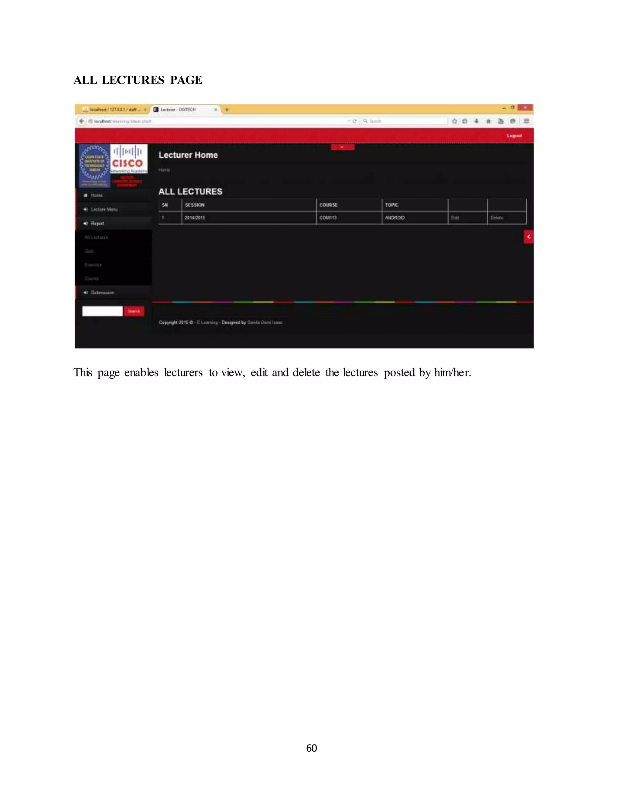 60
ALL LECTURES PAGE
This page enables lecturers to view, edit and delete the lectures posted by him/her.
 