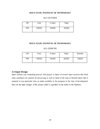 24
OGUN STATE INSTITUTE OF TECHNOLOGY
ALL LECTURES
SN Year Course Topic
999 XXXX XXXX XXXX
OGUN STATE INSTITUTE OF TECHNOLOGY
ALL EXERCISE
SN Year Course Topic Exercise
999 XXXX XXXX XXXX XXXX
3.4 Input Design
Input initiates any computing process, this project is made of several input sessions that stock
sales, purchases are entered for processing as well as input of the type of desired report that is
required at any particular time as made available in the program at the time of development.
Here are the input designs of this project which is specified by the tables in the database:
 
