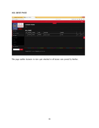 61
ALL QUIZ PAGE
This page enables lecturers to view quiz attached to all lecture note posted by him/her.
 