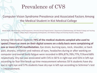 Prevalence of CVS
Computer Vision Syndrome Prevalence and Associated Factors Among
the Medical Student in Kist Medical College
Basnet Anjila,1 Basnet Pragya,1 Karki Poojyashree,1 Shrestha Shriraj2 Original Article 1 Department of Ophthalmology, KIST Medical College and Teaching
Hospital, Lalitpur, Nepal 2 Department of Orthopaedics, KIST Medical College and Teaching Hospital, Lalitpur, Nepal
Among 100 medical students 74% of the medical students sampled who used to
spend 2 hours or more on their digital screens on a daily basis were complaining of
one or more of CVS manifestation. Eye strain, burning eyes, neck, shoulder, or back
pain, dryness, irritation and redness of eyes, headaches during or after working on
computer and overall body fatigue were recorded in 89%,87%,78%,77%,71%and 68%
respectively. Dry eye was associated with CVS in 58 % in right eye and 55% in left eye
according to-Tear film break up time measurement whereas 59 % students have dry
eye in right eye and 57% students have dry eye in left eye according to Schirmer’s test
– I measurement.
 
