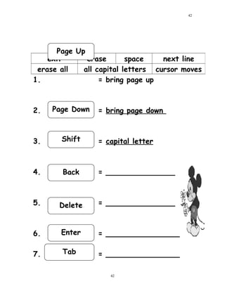 1. = bring page up
2. = bring page down
3. = capital letter
4. = _______________
5. = _______________
6. = ________________
7. = ________________
exit erase space next line
erase all all capital letters cursor moves
42
42
Page Up
Page Down
Enter
Delete
Back
Shift
Tab
 