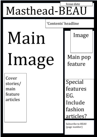 Main
Image
Cover
stories/
main
feature
articles
Main pop
feature
Masthead-BEAU
Special
features
EG.
Include
fashion
articles?
Subscribe to BEAU
(page number)
Image
‘Contents’ headline
Issuedate
 