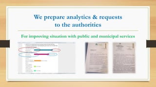 We prepare analytics & requests
to the authorities
For improving situation with public and municipal services
 
