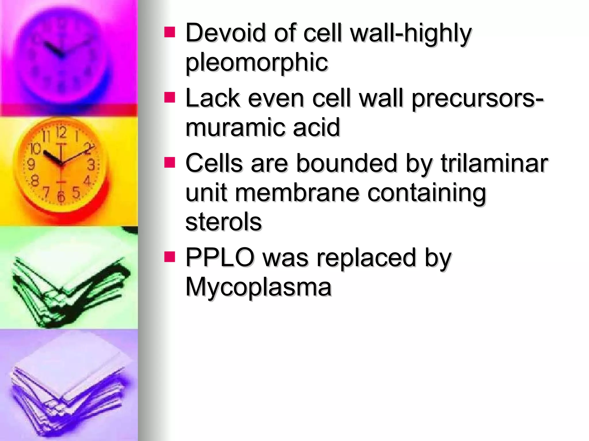 Devoid of cell wall-highly pleomorphic Lack even cell wall precursors-muramic acid Cells are bounded by trilaminar unit membrane containing sterols PPLO was replaced by Mycoplasma 