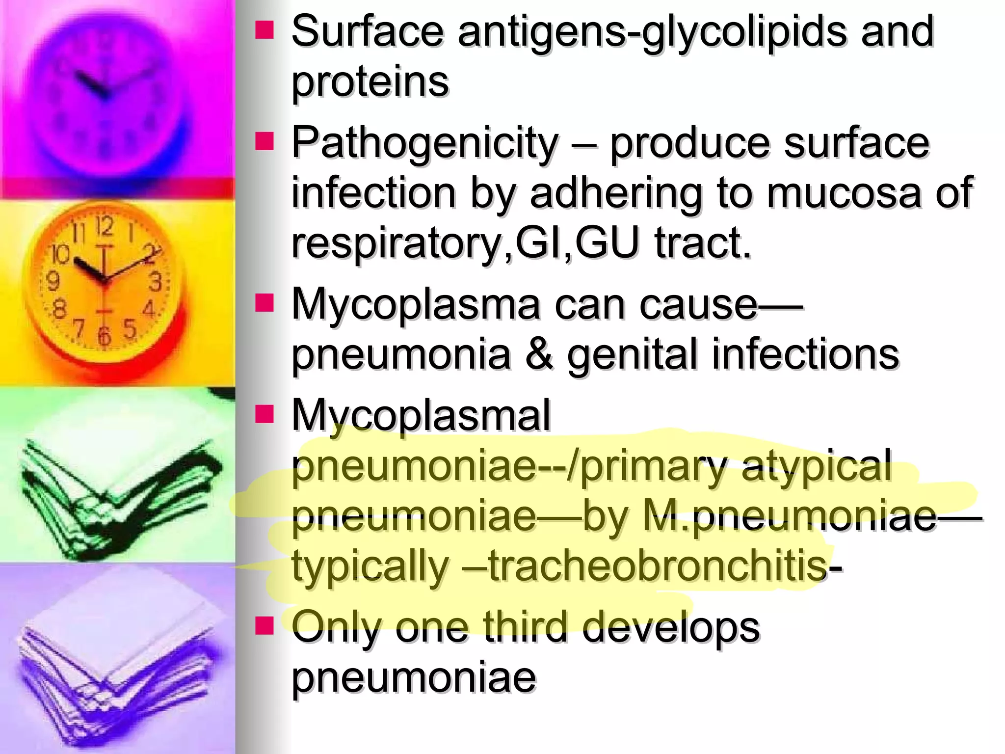 Surface antigens-glycolipids and proteins Pathogenicity – produce surface infection by adhering to mucosa of respiratory,GI,GU tract. Mycoplasma can cause—pneumonia & genital infections Mycoplasmal pneumoniae--/primary atypical pneumoniae—by M.pneumoniae—typically –tracheobronchitis- Only one third develops pneumoniae 