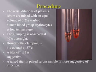 The serial dilutions of patients
serum are mixed with an equal
volume of 0.2% washed
human blood group erythrocytes
at low temperature.
 The clumping is observed at
40˚c overnight.
 However the clumping is
dissociated at 37˚c
 A titer of 1:32 is
suggestive.
 A raised titer in paired serum sample is more suggestive of
infection.
 