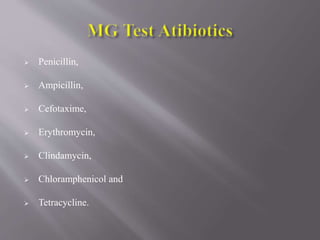  Penicillin,
 Ampicillin,
 Cefotaxime,
 Erythromycin,
 Clindamycin,
 Chloramphenicol and
 Tetracycline.
 