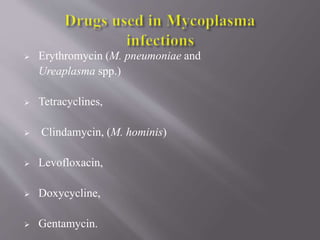  Erythromycin (M. pneumoniae and
Ureaplasma spp.)
 Tetracyclines,
 Clindamycin, (M. hominis)
 Levofloxacin,
 Doxycycline,
 Gentamycin.
 