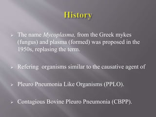  The name Mycoplasma, from the Greek mykes
(fungus) and plasma (formed) was proposed in the
1950s, replasing the term.
 Refering organisms similar to the causative agent of
 Pleuro Pneumonia Like Organisms (PPLO).
 Contagious Bovine Pleuro Pneumonia (CBPP).
 