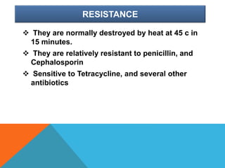 RESISTANCE
 They are normally destroyed by heat at 45 c in
15 minutes.
 They are relatively resistant to penicillin, and
Cephalosporin
 Sensitive to Tetracycline, and several other
antibiotics
 