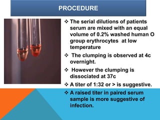 PROCEDURE
 The serial dilutions of patients
serum are mixed with an equal
volume of 0.2% washed human O
group erythrocytes at low
temperature
 The clumping is observed at 4c
overnight.
 However the clumping is
dissociated at 37c
 A titer of 1:32 or > is suggestive.
 A raised titer in paired serum
sample is more suggestive of
infection.
 