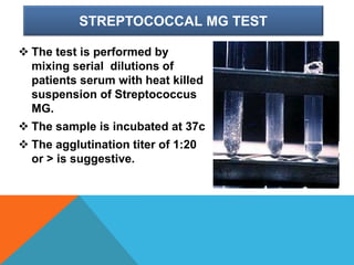 STREPTOCOCCAL MG TEST
 The test is performed by
mixing serial dilutions of
patients serum with heat killed
suspension of Streptococcus
MG.
 The sample is incubated at 37c
 The agglutination titer of 1:20
or > is suggestive.
 