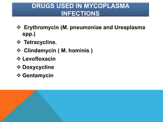 DRUGS USED IN MYCOPLASMA
INFECTIONS
 Erythromycin (M. pneumoniae and Ureaplasma
spp.)
 Tetracycline.
 Clindamycin ( M. hominis )
 Levofloxacin
 Doxycycline
 Gentamycin
 