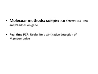 • Molecuar methods: Multiplex PCR detects 16s Rrna
and PI adhesion gene
• Real time PCR: Useful for quantitative detection of
M.pneumoniae
 