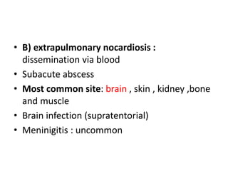• B) extrapulmonary nocardiosis :
dissemination via blood
• Subacute abscess
• Most common site: brain , skin , kidney ,bone
and muscle
• Brain infection (supratentorial)
• Meninigitis : uncommon
 