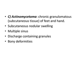 • C) Actinomycetoma: chronic granulomatous
(subcutaneous tissue) of feet and hand.
• Subcutaneous nodular swelling
• Multiple sinus
• Discharge containing granules
• Bony deformities
 