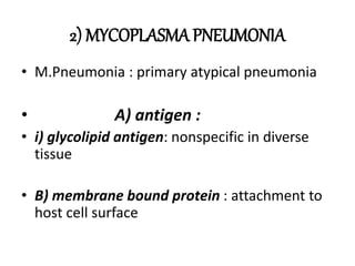 2) MYCOPLASMA PNEUMONIA
• M.Pneumonia : primary atypical pneumonia
• A) antigen :
• i) glycolipid antigen: nonspecific in diverse
tissue
• B) membrane bound protein : attachment to
host cell surface
 