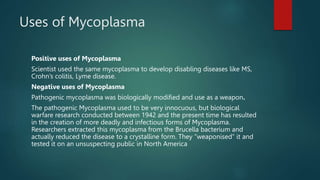 Uses of Mycoplasma
Positive uses of Mycoplasma
Scientist used the same mycoplasma to develop disabling diseases like MS,
Crohn’s colitis, Lyme disease.
Negative uses of Mycoplasma
Pathogenic mycoplasma was biologically modified and use as a weapon.
The pathogenic Mycoplasma used to be very innocuous, but biological
warfare research conducted between 1942 and the present time has resulted
in the creation of more deadly and infectious forms of Mycoplasma.
Researchers extracted this mycoplasma from the Brucella bacterium and
actually reduced the disease to a crystalline form. They “weaponised” it and
tested it on an unsuspecting public in North America
 