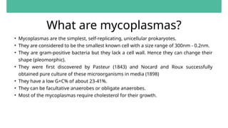 What are mycoplasmas?
• Mycoplasmas are the simplest, self-replicating, unicellular prokaryotes.
• They are considered to be the smallest known cell with a size range of 300nm - 0.2nm.
• They are gram-positive bacteria but they lack a cell wall. Hence they can change their
shape (pleomorphic).
• They were first discovered by Pasteur (1843) and Nocard and Roux successfully
obtained pure culture of these microorganisms in media (1898)
• They have a low G+C% of about 23-41%.
• They can be facultative anaerobes or obligate anaerobes.
• Most of the mycoplasmas require cholesterol for their growth.
 