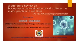 A Literature Review on
Mycoplasma contamination of cell cultures: A
major problem in cell lines
-The Ugly Truth about Biological Contamination
CALCUTTA INSTITUTE OF PHARMACEUTICAL TECHNOLOGY AND ALLIED HEALTH SCIENCES, ULUBERIA, HOWRAH
(WEST BENGAL)
P r e p a r e d b y :
(M.Pharm in Pharmaceutical Biotechnology: 1st Year / 1st semester)
University Roll No.15920917004 & Registration No.171592310022
 