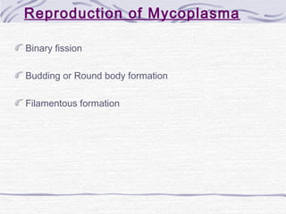 Reproduction of Mycoplasma
Binary fission
Budding or Round body formation
Filamentous formation
 