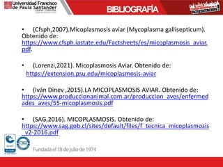 • (Cfsph,2007).Micoplasmosis aviar (Mycoplasma gallisepticum).
Obtenido de:
https://www.cfsph.iastate.edu/Factsheets/es/micoplasmosis_aviar.
pdf.
• (Lorenzi,2021). Micoplasmosis Aviar. Obtenido de:
https://extension.psu.edu/micoplasmosis-aviar
• (Iván Dinev ,2015).LA MICOPLASMOSIS AVIAR. Obtenido de:
https://www.produccionanimal.com.ar/produccion_aves/enfermed
ades_aves/55-micoplasmosis.pdf
• (SAG,2016). MICOPLASMOSIS. Obtenido de:
https://www.sag.gob.cl/sites/default/files/f_tecnica_micoplasmosis
_v2-2016.pdf
BIBLIOGRAFÍA
 