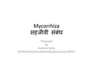 Mycorrhiza
सहजीवी संबंध
Presented
By
Kanchan Sinha
ShriShankaracharyaMahavidyalaya,Junwani,Bhilai
 