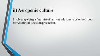 ii) Aeroponic culture
Involves applying a fine mist of nutrient solutions to colonized roots
for AM fungal inoculum production.
 