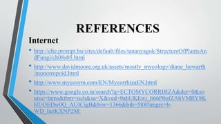 REFERENCES
Internet
• http://elte.prompt.hu/sites/default/files/tananyagok/StructureOfPlantsAn
dFungi/ch08s05.html
• http://www.davidmoore.org.uk/assets/mostly_mycology/diane_howarth
/monotropoid.html
• http://www.mycosym.com/EN/MycorrhizaEN.html
• https://www.google.co.in/search?q=ECTOMYCORRHIZA&dcr=0&so
urce=lnms&tbm=isch&sa=X&ved=0ahUKEwj_666P0ofZAhVMRY8K
HUOEDw0Q_AUICigB&biw=1366&bih=588#imgrc=b-
WD_IuzKXNP2M:
 