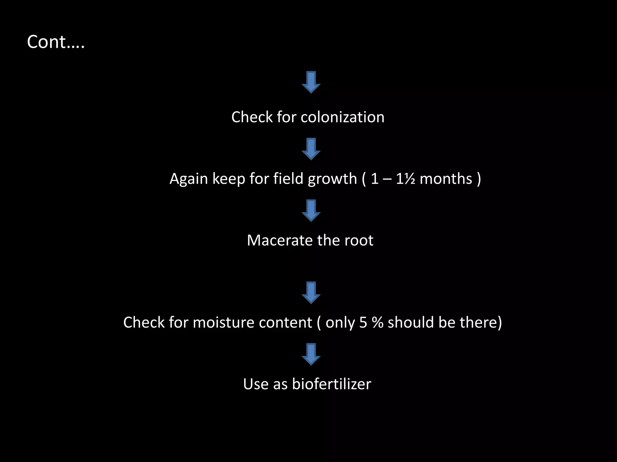 Cont….
Check for colonization
Again keep for field growth ( 1 – 1½ months )
Macerate the root
Check for moisture content ( only 5 % should be there)
Use as biofertilizer
 