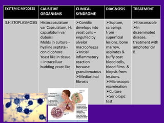 SYSTEMIC MYCOSES    CAUSITIVE            CLINICAL        DIAGNOSIS       TREATMENT
                    ORGANISMS            SYNDROME

3.HISTOPLASMOSIS Histocapsulatum         Conidia        Suptum,        Itraconazole
                 var Capsulatum, H.      develops into   scrapings       In
                 capsulatum var          yeast cells –   from            disseminated
                 duboisii                engulfed by     superficial     disease,
                 Molds in culture -      alvelor         lesions, bone   treatment with
                 hyaline septate -       macrophages     marrow,         amphotericin
                 conidiophore            Initial        aspirates &     B.
                 Yeast like in tissue.   inflammatory    buffy coat
                 – intracelluar          reaction        blood cells,
                 budding yeast like      because         blood films &
                                         granulomatous   biopsis from
                                         Mediastinal    lessions.
                                         fibrosis        Microscopic
                                                         examination
                                                         Culture
                                                         Seriologic
                                                         test
 