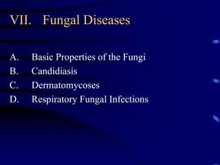 VII. Fungal Diseases
A. Basic Properties of the Fungi
B. Candidiasis
C. Dermatomycoses
D. Respiratory Fungal Infections
 