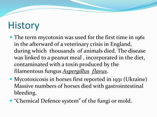 History
 The term mycotoxin was used for the first time in 1961
in the afterward of a veterinary crisis in England,
during which thousands of animals died. The disease
was linked to a peanut meal , incorporated in the diet,
contaminated with a toxin produced by the
filamentous fungus Aspergillus flavus.
 Mycotoxicosis in horses first reported in 1931 (Ukraine)
Massive numbers of horses died with gastrointestinal
bleeding.
 “Chemical Defence system” of the fungi or mold.
 