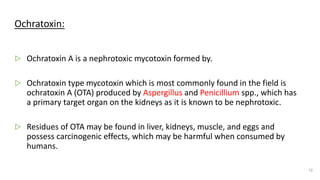 Ochratoxin:
▷ Ochratoxin A is a nephrotoxic mycotoxin formed by.
▷ Ochratoxin type mycotoxin which is most commonly found in the field is
ochratoxin A (OTA) produced by Aspergillus and Penicillium spp., which has
a primary target organ on the kidneys as it is known to be nephrotoxic.
▷ Residues of OTA may be found in liver, kidneys, muscle, and eggs and
possess carcinogenic effects, which may be harmful when consumed by
humans.
12
 