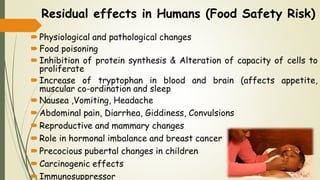 Residual effects in Humans (Food Safety Risk)
Physiological and pathological changes
Food poisoning
Inhibition of protein synthesis & Alteration of capacity of cells to
proliferate
Increase of tryptophan in blood and brain (affects appetite,
muscular co-ordination and sleep
Nausea ,Vomiting, Headache
Abdominal pain, Diarrhea, Giddiness, Convulsions
Reproductive and mammary changes
Role in hormonal imbalance and breast cancer
Precocious pubertal changes in children
Carcinogenic effects
Immunosuppressor
 