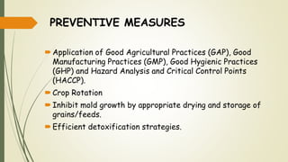 PREVENTIVE MEASURES
Application of Good Agricultural Practices (GAP), Good
Manufacturing Practices (GMP), Good Hygienic Practices
(GHP) and Hazard Analysis and Critical Control Points
(HACCP).
Crop Rotation
Inhibit mold growth by appropriate drying and storage of
grains/feeds.
Efficient detoxification strategies.
 