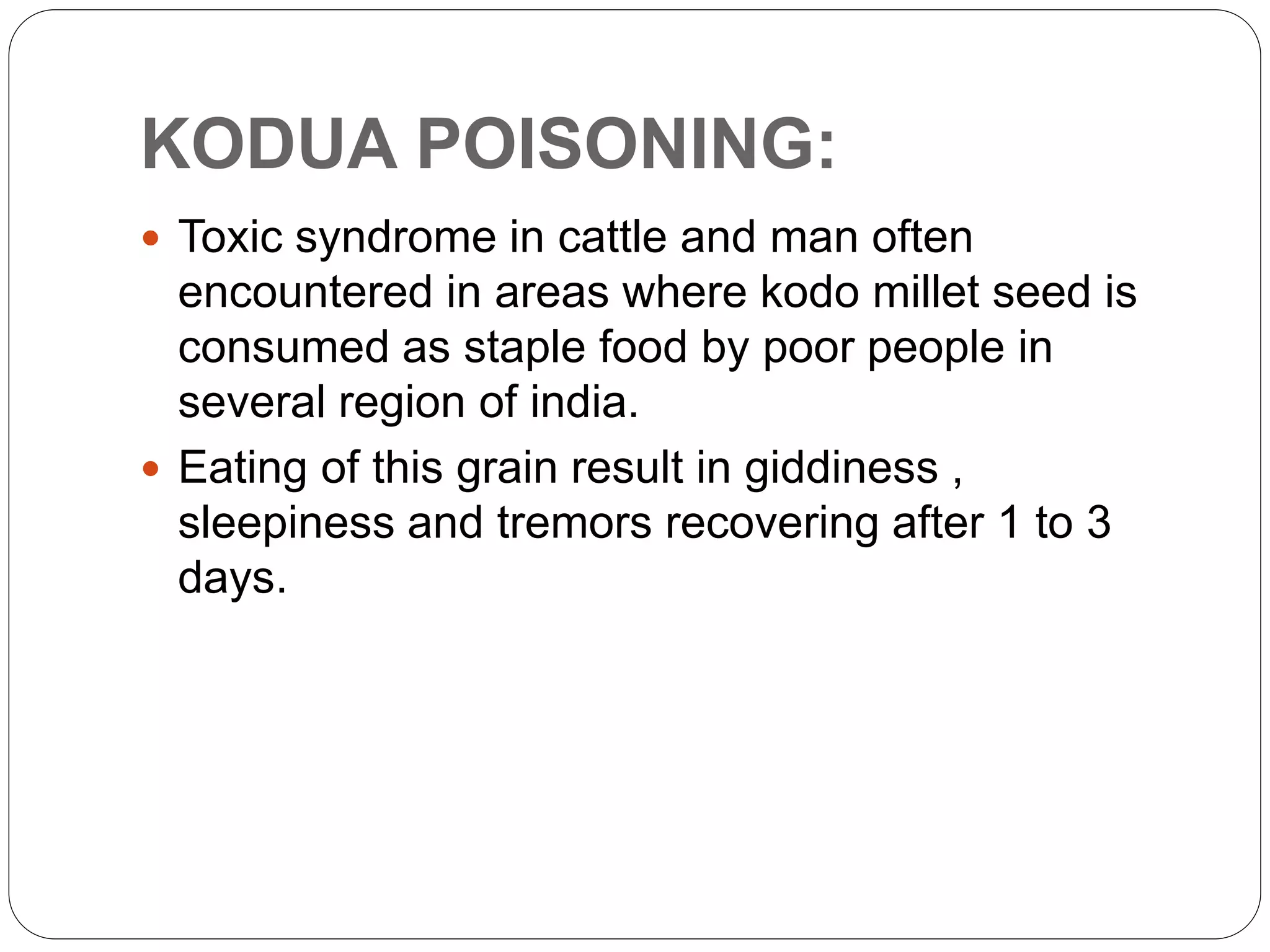 KODUA POISONING:
 Toxic syndrome in cattle and man often
encountered in areas where kodo millet seed is
consumed as staple food by poor people in
several region of india.
 Eating of this grain result in giddiness ,
sleepiness and tremors recovering after 1 to 3
days.
 