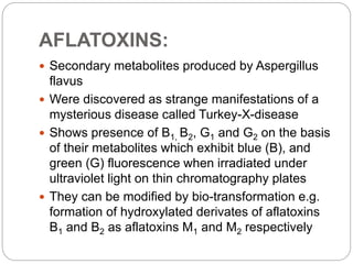 AFLATOXINS:
 Secondary metabolites produced by Aspergillus
flavus
 Were discovered as strange manifestations of a
mysterious disease called Turkey-X-disease
 Shows presence of B1, B2, G1 and G2 on the basis
of their metabolites which exhibit blue (B), and
green (G) fluorescence when irradiated under
ultraviolet light on thin chromatography plates
 They can be modified by bio-transformation e.g.
formation of hydroxylated derivates of aflatoxins
B1 and B2 as aflatoxins M1 and M2 respectively
 