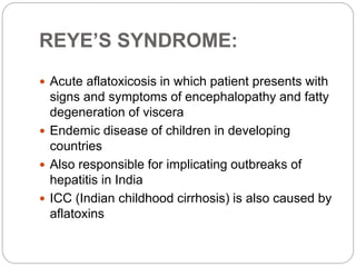 REYE’S SYNDROME:
 Acute aflatoxicosis in which patient presents with
signs and symptoms of encephalopathy and fatty
degeneration of viscera
 Endemic disease of children in developing
countries
 Also responsible for implicating outbreaks of
hepatitis in India
 ICC (Indian childhood cirrhosis) is also caused by
aflatoxins
 