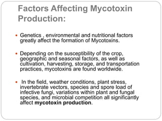 Factors Affecting Mycotoxin
Production:
 Genetics , environmental and nutritional factors
greatly affect the formation of Mycotoxins.
 Depending on the susceptibility of the crop,
geographic and seasonal factors, as well as
cultivation, harvesting, storage, and transportation
practices, mycotoxins are found worldwide.
 In the field, weather conditions, plant stress,
invertebrate vectors, species and spore load of
infective fungi, variations within plant and fungal
species, and microbial competition all significantly
affect mycotoxin production.
 