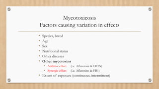 Mycotoxicosis
Factors causing variation in effects
• Species, breed
• Age
• Sex
• Nutritional status
• Other diseases
• Other mycotoxins
• Additive effect (i.e. Aflatoxins & DON)
• Synergic effect (i.e. Aflatoxins & FB1)
• Extent of exposure (continuous, intermittent)
 