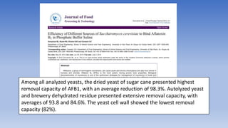 Among all analyzed yeasts, the dried yeast of sugar cane presented highest
removal capacity of AFB1, with an average reduction of 98.3%. Autolyzed yeast
and brewery dehydrated residue presented extensive removal capacity, with
averages of 93.8 and 84.6%. The yeast cell wall showed the lowest removal
capacity (82%).
 