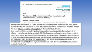 Among many mycotoxins, T-2 toxin, macrocyclic trichothecenes, fumonisin B(1) (FB(1)) and
ochratochin A (OTA) are known to have the potential to induce neurotoxicity in rodent models.
T-2 toxin induces neuronal cell apoptosis in the fetal and adult brain.
Macrocyclic trichothecenes bring about neuronal cell apoptosis and inflammation in the
olfactory epithelium and olfactory bulb. FB(1) induces neuronal degeneration in the cerebral
cortex, concurrent with disruption of de novo ceramide synthesis. OTA causes acute depletion
of striatal dopamine and its metabolites, accompanying evidence of neuronal cell apoptosis in
the substantia nigra, striatum and hippocampus. This paper reviews the mechanisms of
neurotoxicity induced by these mycotoxins especially from the viewpoint of oxidative stress-
associated pathways.
 